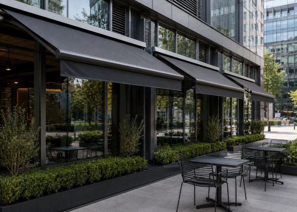 Bespoke commercial branding and external shading systems designed, manufactured, and installed by Morco Blinds