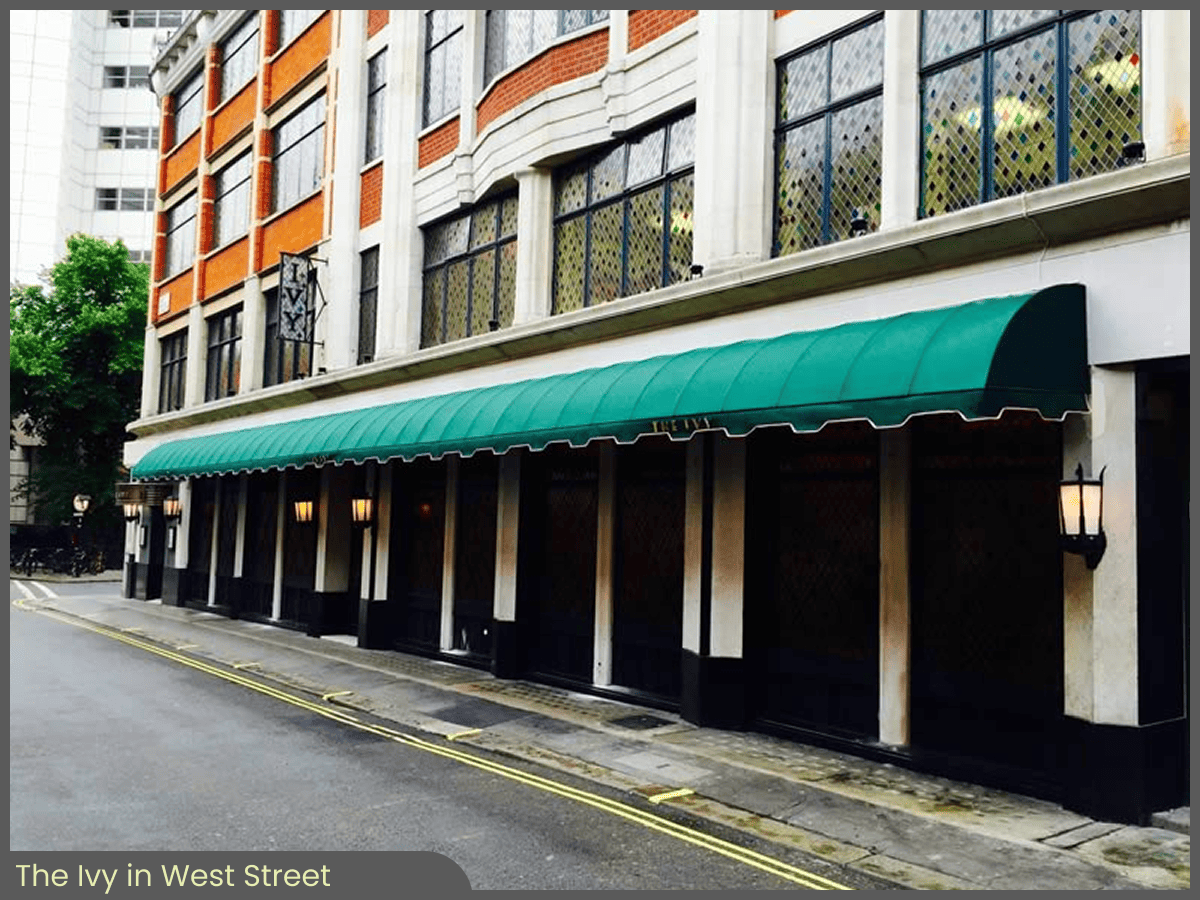 Morco Blinds - Project - The Ivy - RIB Bespoke and Sepele Terrace Awning in West Street, London